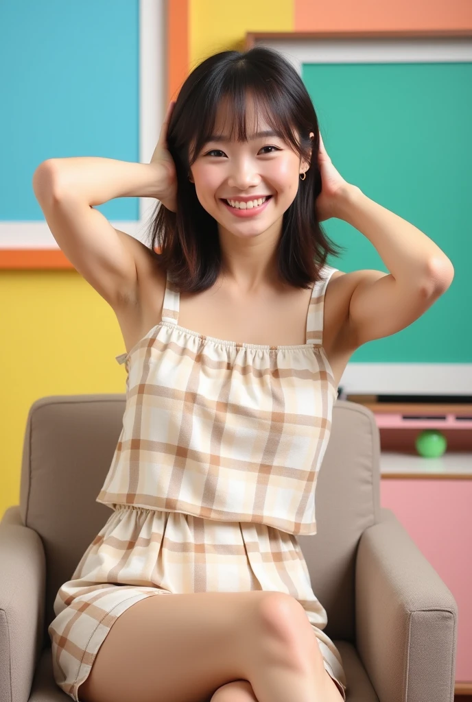 Create an image of a Japanese female TV announcer sitting in a bright, colorful studio setting. The woman should have a medium-length bob hairstyle and be wearing a sleeveless, light beige and white checkered outfit, consisting of a top and a pair of shorts. Her legs should be visible, with her knees clearly shown as she sits with a relaxed, cheerful expression. The background should include decorative studio elements that add a lively and vibrant atmosphere. The woman should be engaged in a casual, stretching pose, lightly placing her hands behind her head, conveying a sense of ease and friendliness.