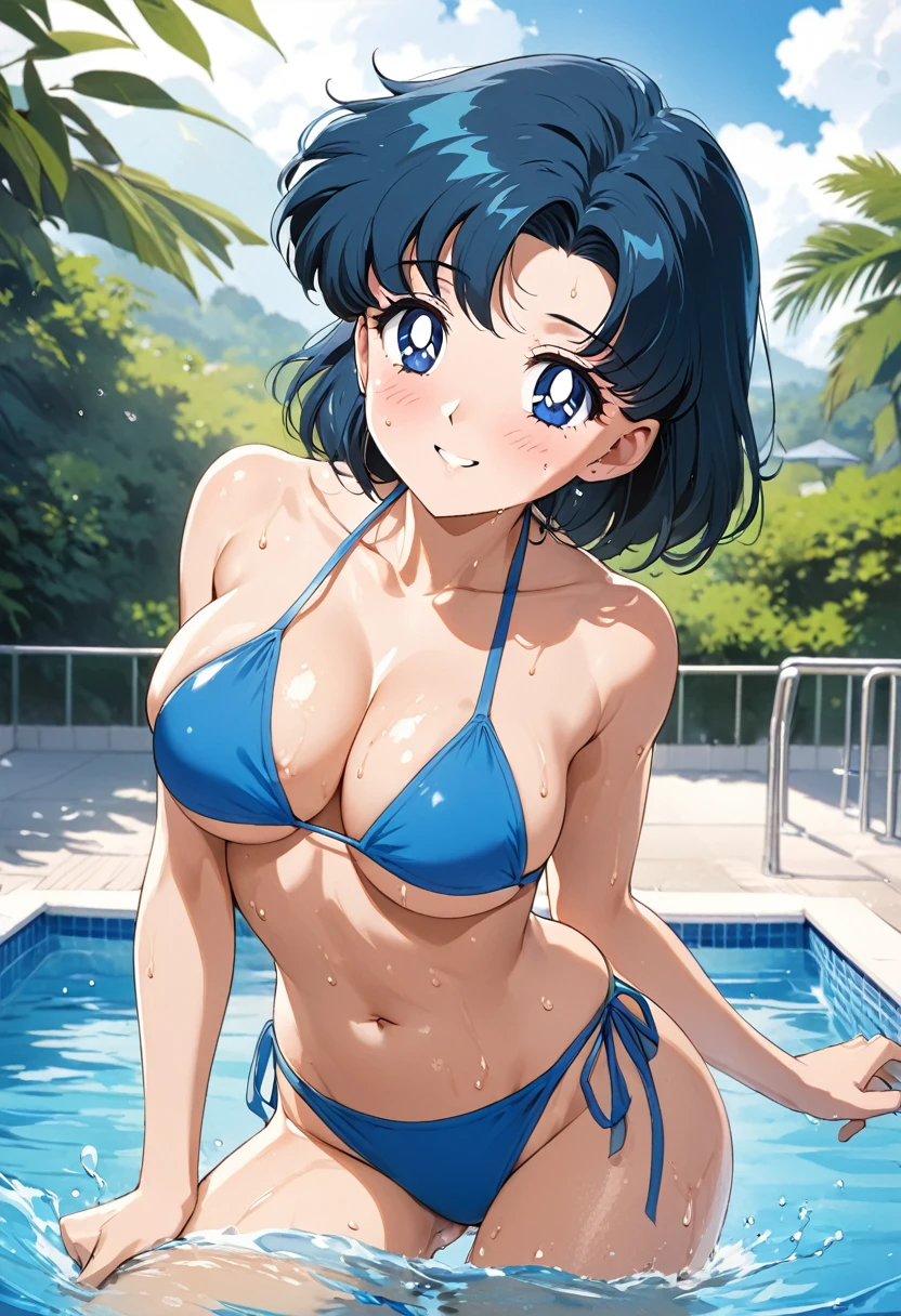 masterpiece, Highest quality, High resolution, (Mizuno Ami),1990s \(style\),Blue swimsuit、Blue Bikini,(C cup beautiful breasts),Sweating all over the body、vapor、(One Man and One Woman)、((Blowjob))、penis,Hosomi、(sexy)、(nsfw),Face writhing in pleasure、The whole body is covered in sex fluids、Sweaty、Composition looking up from below、exposed breasts、Exposed nipples、Crying face、Semen splattered on face、Anime-style painting style,Blue Hair、Shortcuts、A composition that focuses on the whole body,Poolside background、Riding on a float