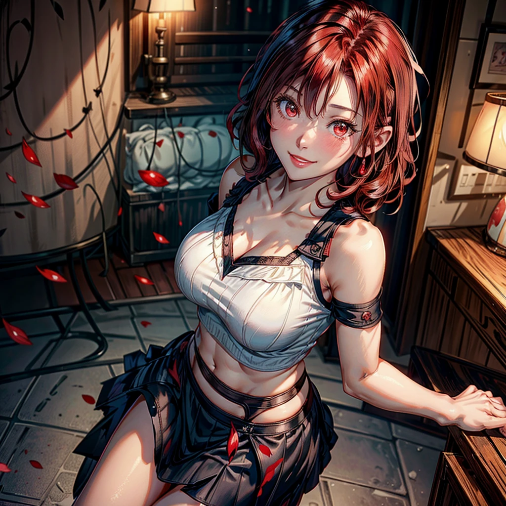 .1 woman,Alone, breasts a little big,short hair, Red eyes, curly hair, natural redhead,Red eyes, from above, smile, Blush all over the face, coquette, throw, smile radiante, short black skirt, Light pink off shoulder blouse, standing, Entrance of a house.