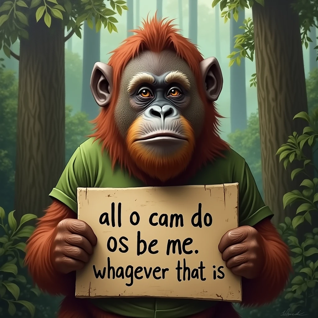 A portrait painting of an orangutan holding a cardboard sign that reads: "all o cam do os be me. Whoever that is". The orangutan has a serious expression and is wearing a green shirt. The background is a lush forest with tall trees.