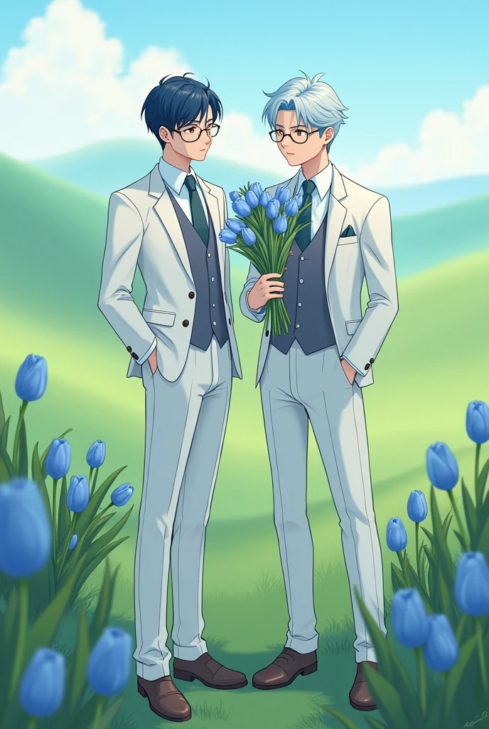 Create a gibli studio type image of two men in white suits, One with navy blue hair and the other with light blue hair and holding a bouquet of blue tulips in his hand, that both have glasses and brown eyes 