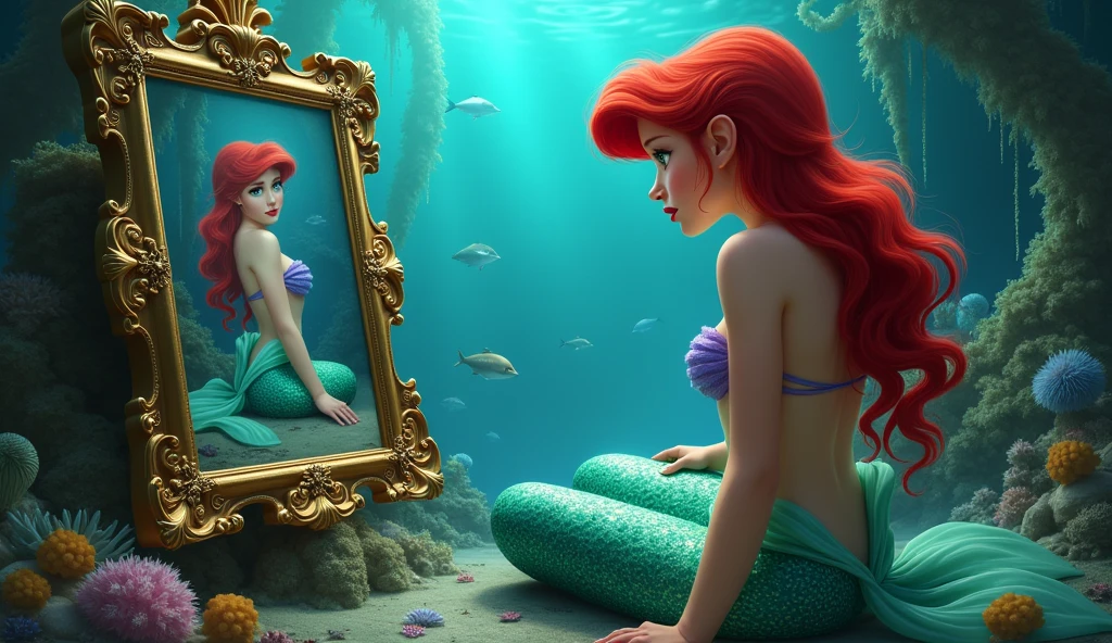 Mermaid Ariel looking at a painting of a mermaid in the imaginary kingdom of Atlantis under the sea
