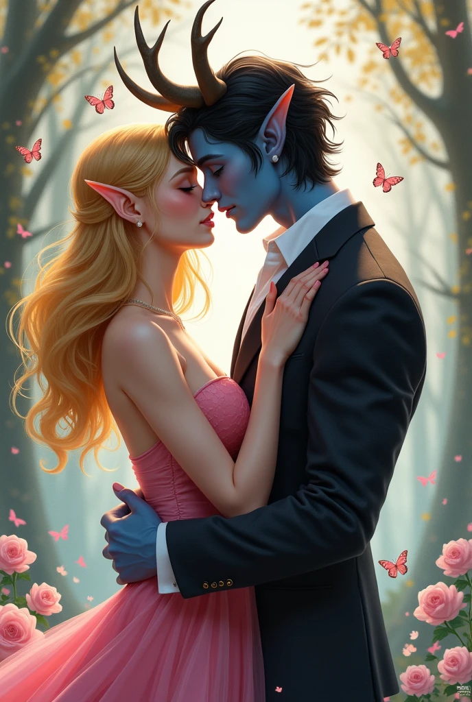 work of art, elf woman with shoulder length yellow hair, 小柄, vestido 小柄 rosa de borboleta, sleeveless, hugging her boyfriend, Dark blue skinned boyfriend, elf ears, Black Suit, Dark Blue Hair, antlers