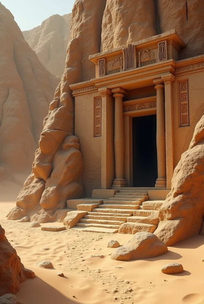 a primitive temple, hidden in a sand mountain in the desert, with realistic terrain.