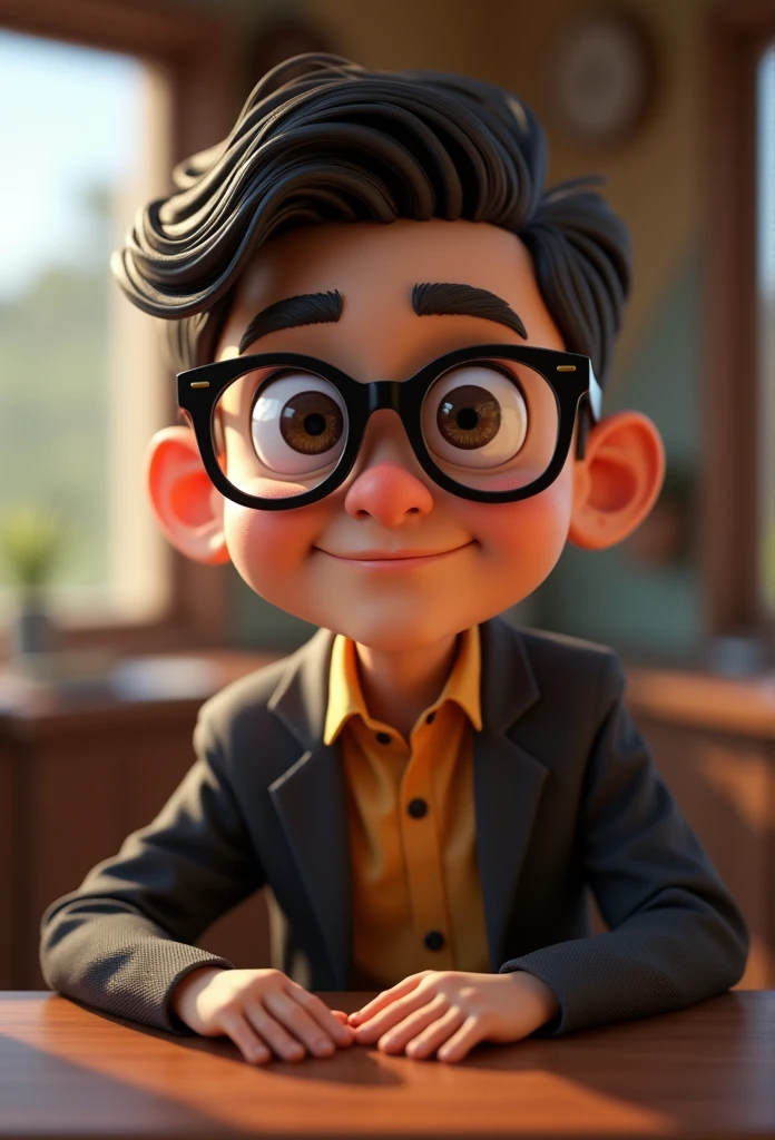 Cartoon character of a man in black glasses, an animated character, stylized character, animation style rendering, 3d stylized, Arnold Maya rendering, Stylized 3D rendering, toon render screenshot, 3d character, 3d character, Stylized 3D rendering, 3D character rendering, cartoon character, Personagem de close up, character posing, (Pixar-style) (master part:1.2) (bokeh) (best qualityer) (8k) (Argilla) (cinematic lighting) (sharp focus，Sit down and lift your upper body