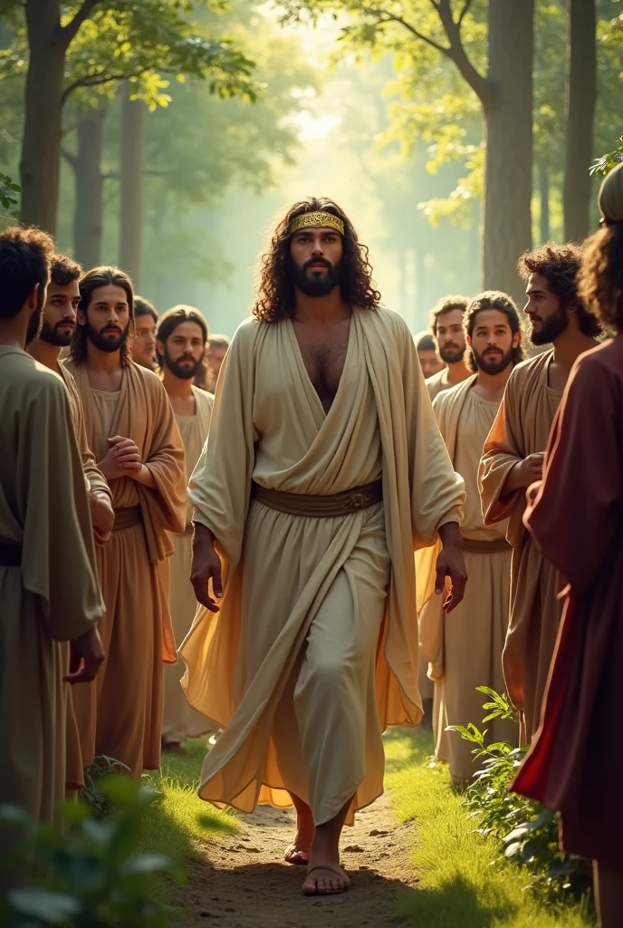 Jesus depicted with light brown skin, long, curly, dark brown hair, short beard, eyes browns, strong facial features, wearing a golden crown and walking among the crowd of faithful of the time in the middle of the forest.