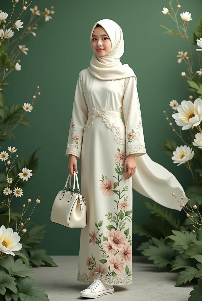 Generate a beautiful asian malaysian hijab girl, wearing a beautiful baju kurung melayu, a floral white and green theme, wearing a white coach cute shoulder bag, with a pair of high cut white converse.