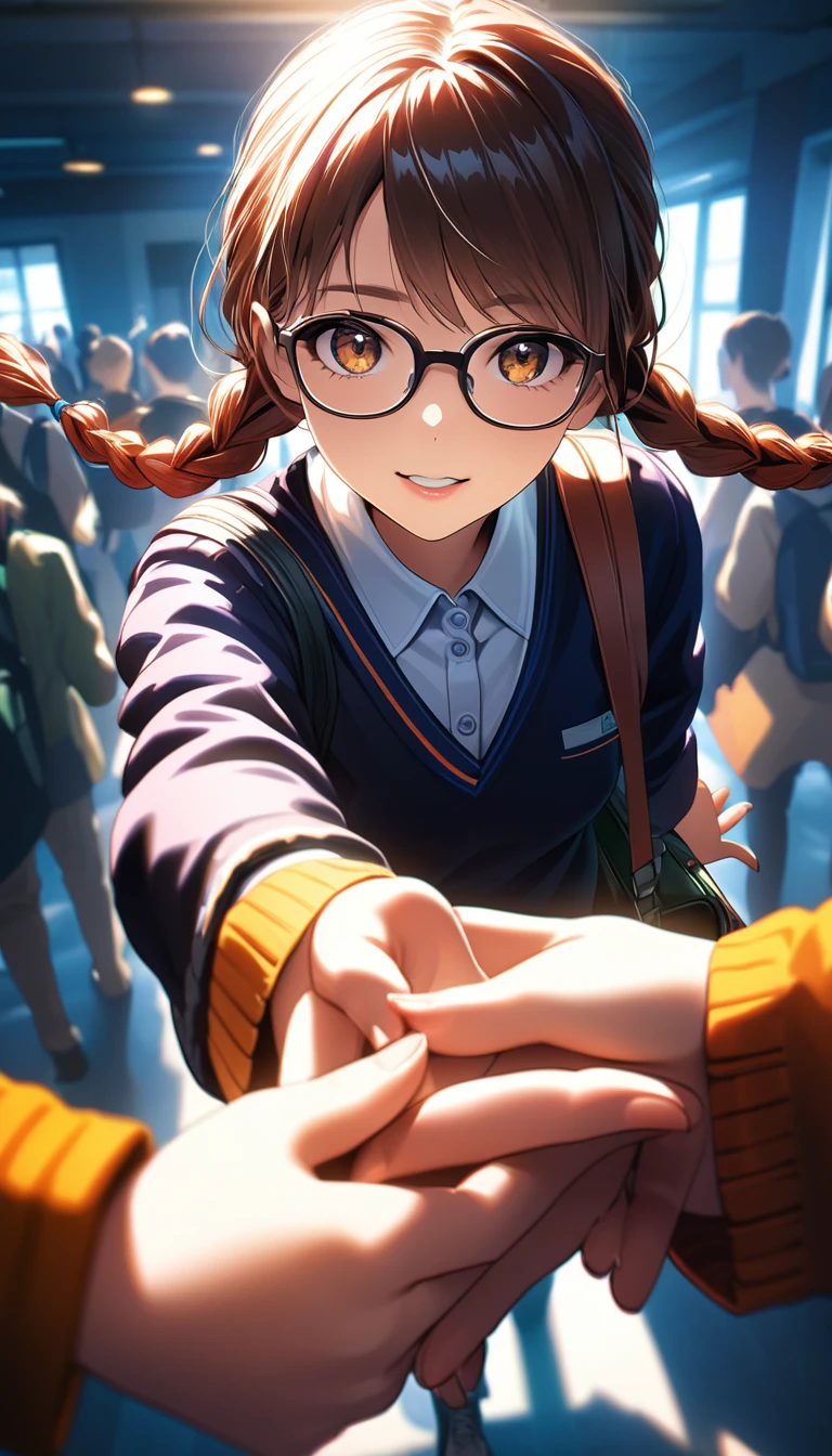 high resolution.Super detailed.Sharp focus.Crisp quality.Bright colors.Rich contrast.Realistic.Cinematic lighting.HDR.Detailed Texture.Realistic.High resolution.Enhanced Details.A female student leaving school is reaching toward us to hold our hands. Glasses. Long braids.