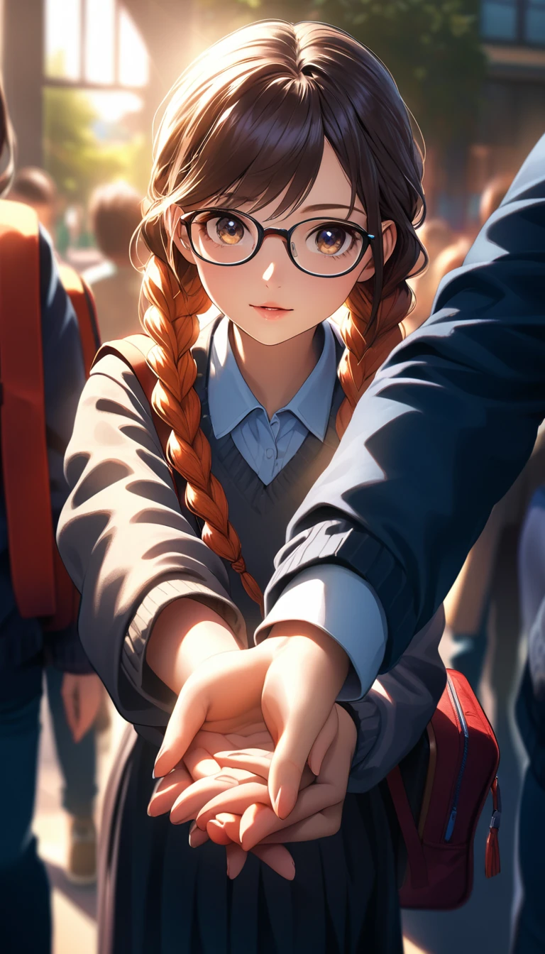 high resolution.Super detailed.Sharp focus.Crisp quality.Bright colors.Rich contrast.Realistic.Cinematic lighting.HDR.Detailed Texture.Realistic.High resolution.Enhanced Details.A female student leaving school is reaching toward us to hold our hands. Glasses. Long braids.