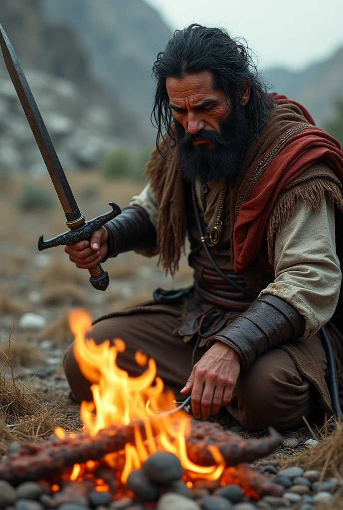 (photorealism:1.2), pitiful looking persian warrior, using a sword skewer to cook barbecue on an open fire.