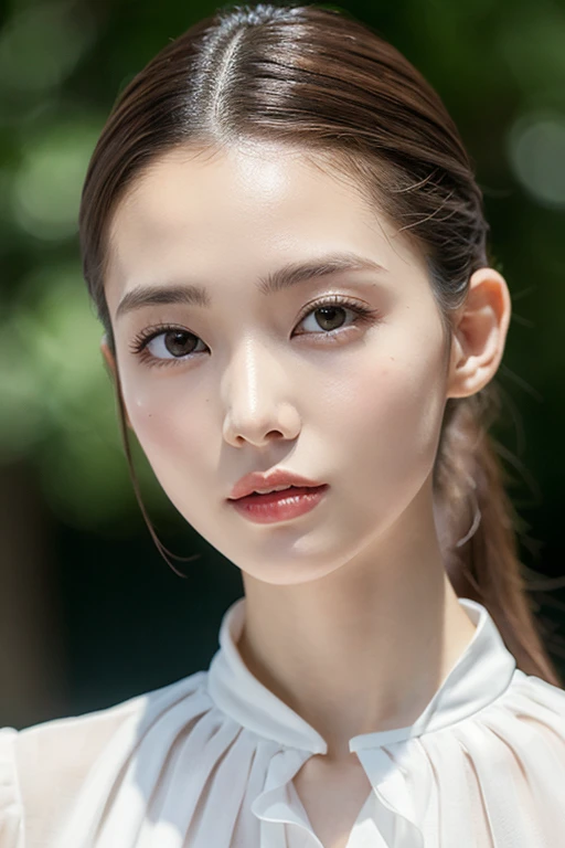 An elegant woman wearing a white blouse, Beautiful attention to detail, Beautiful lip detail, Highly detailed eyes and face, Long eyelashes, Slender body, Thin face, Delicate features, Perfect porcelain skin, Shining Sweat, Ultra-thin needle, Very thin fingers, The optimal ratio is four fingers to one thumb, Realistic, See-through white blouse, amusement park, First Person View, debtuji debtilm, debt/1.2, 8k, masterpiece, んdebtdebt, Super Detail, high quality, 最high quality, High resolution