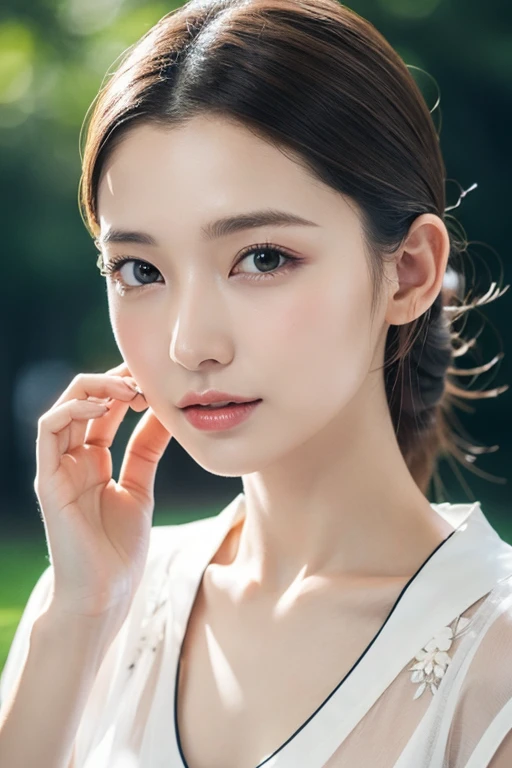 An elegant woman wearing a white blouse, Beautiful attention to detail, Beautiful lip detail, Highly detailed eyes and face, Long eyelashes, Slender body, Thin face, Delicate features, Perfect porcelain skin, Shining Sweat, Ultra-thin needle, Very thin fingers, The optimal ratio is four fingers to one thumb, Realistic, See-through white blouse, amusement park, First Person View, debtuji debtilm, debt/1.2, 8k, masterpiece, んdebtdebt, Super Detail, high quality, 最high quality, High resolution