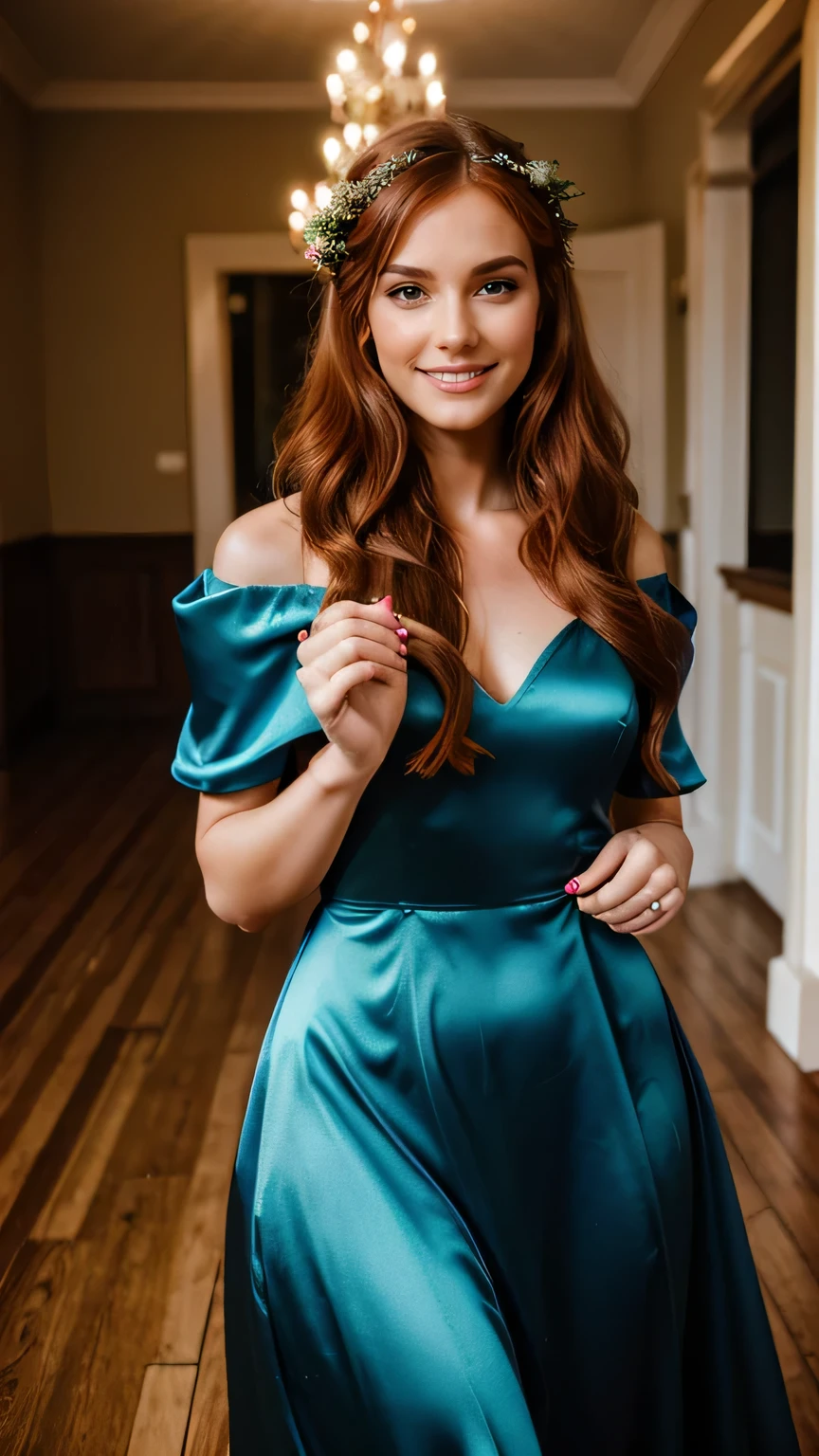 Realistic full body photo of a smiling, Young red-haired girl with long hair, She dances in front of the camera in a long A-line bridesmaid dress with jewel holders made of shiny blue satin., Park,glamour fotoshooting, Wedding celebration, perfect anatomy, perfect green eyes. Perfect hands with 5 fingers on each hand, Matching girl, looking at the camera, 1 Frau. (Eye make up:1.1), (highly detailed skin:1.1), spirit, analog style, keen focus, 8K  UHD, dslr, good quality, Fujifilm XT3, Grain, Award-winning, ​masterpiece. Wedding celebration