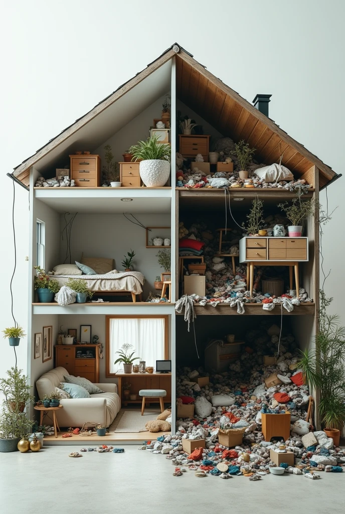 An image of a house with a silhouette and showing the rooms , some very very tidy,clean and other rooms very very messy, From this image show me a very tidy side and another very horrible messy side