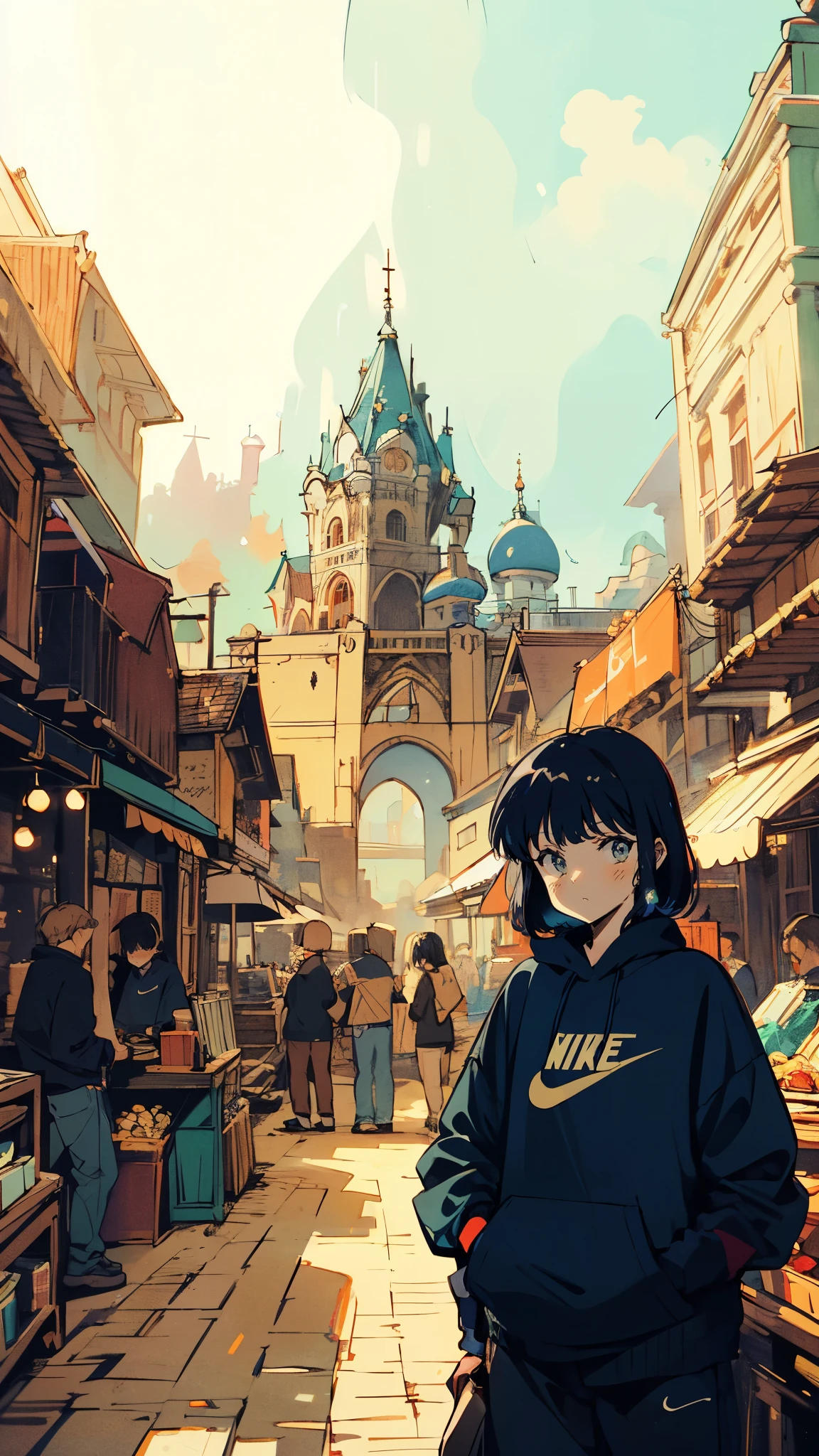 (high quality), (masterpiece), (detailed), 8K, (Bustling marketplace1.3) in ancient city, (character in black Nike hoodie1.3) stands out against (historical architecture1.2). Vendors and shoppers move around (colorful stalls1.2), warm sunlight casts (long shadows1.2). Vivid, lively, high contrast, detailed textures, historical-modern fusion. (high quality), (masterpiece), (detailed), 8K, Anime style character with (cool and edgy tattoos1.3), dressed in (fashionable clothing1.2), posing confidently. Expression fierce, stylish accessory coiled around arm. Thicker outlines emphasize striking, modern fashion, vibrant palette enhances scene.