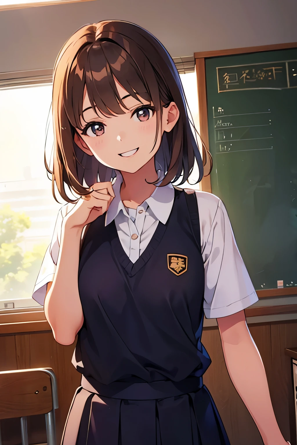 solo girl, cute pose,20 years old,black hair, short hair, brown eyes, small breast, laugh, red bowtie,white long sleeves shirt,sweater vest, dark blue skirt,classroom, insanely detailed, absurdres, ultra-highres, ultra-detailed, best quality, slender, kawaii, perfect symmetrical face, ultra cute girl, ultra cute face, ultra detailed eyes, ultra detailed hair, ultra cute, ultra beautiful,