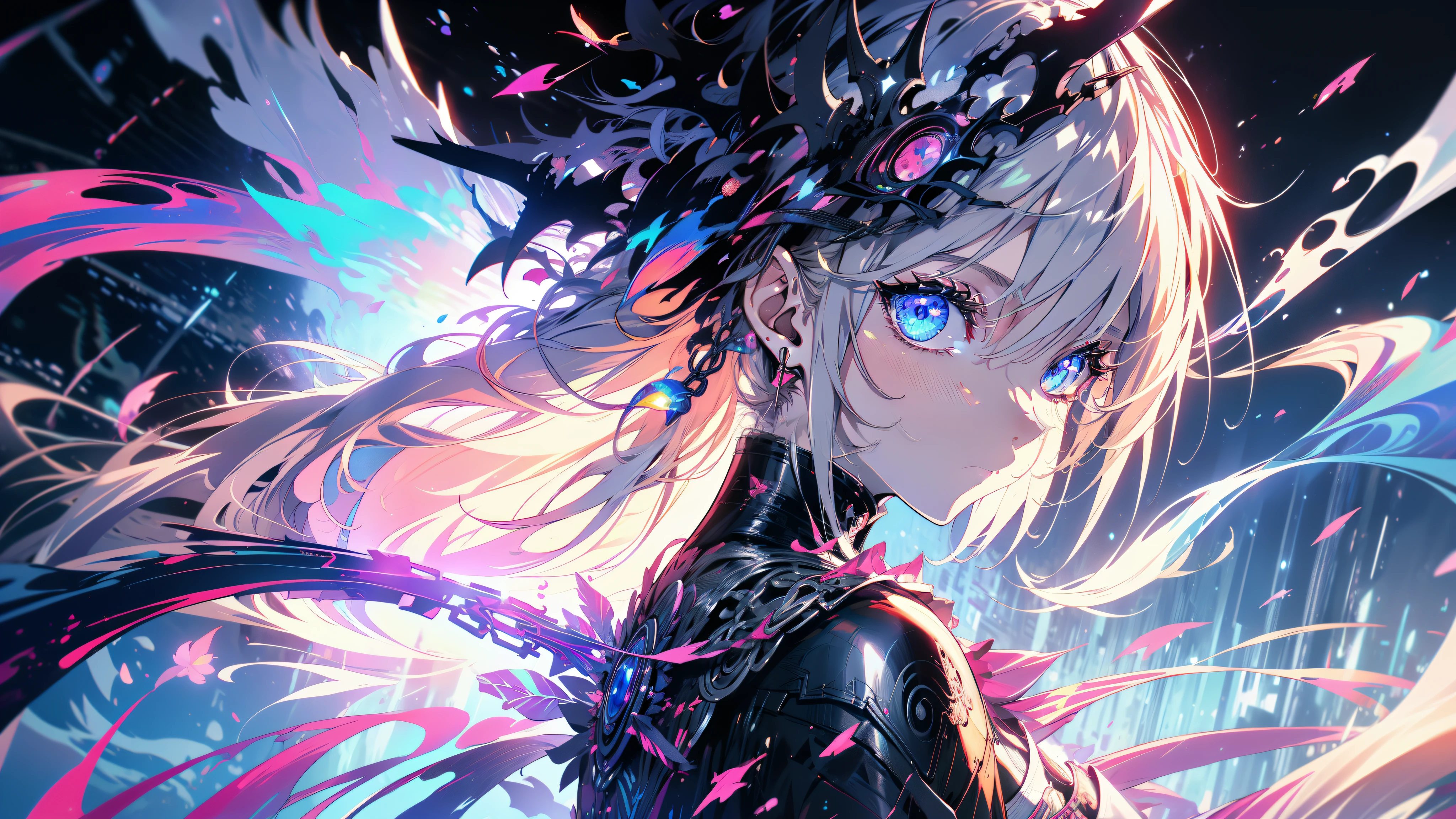 anime wallpaper 4k, anime wallpaper 4k, 8K Anime Art Wallpaper, Anime Style 4K, Anime art wallpaper 4k, Anime art wallpaper 4k, anime wallpaper 4k, Eugeo Art, Detailed digital anime art, ((Masterpiece, Highest quality)), (Complex lighting), perfect hand, Normal fingers, hyper detail, Bright colors.Fantasy manga with a beautiful demon girl style, silver hair, short, earphones, Half of them wore long dark robes., off shoulder, Black wings, chain, Red Moon, Extraterrestrial Painting.