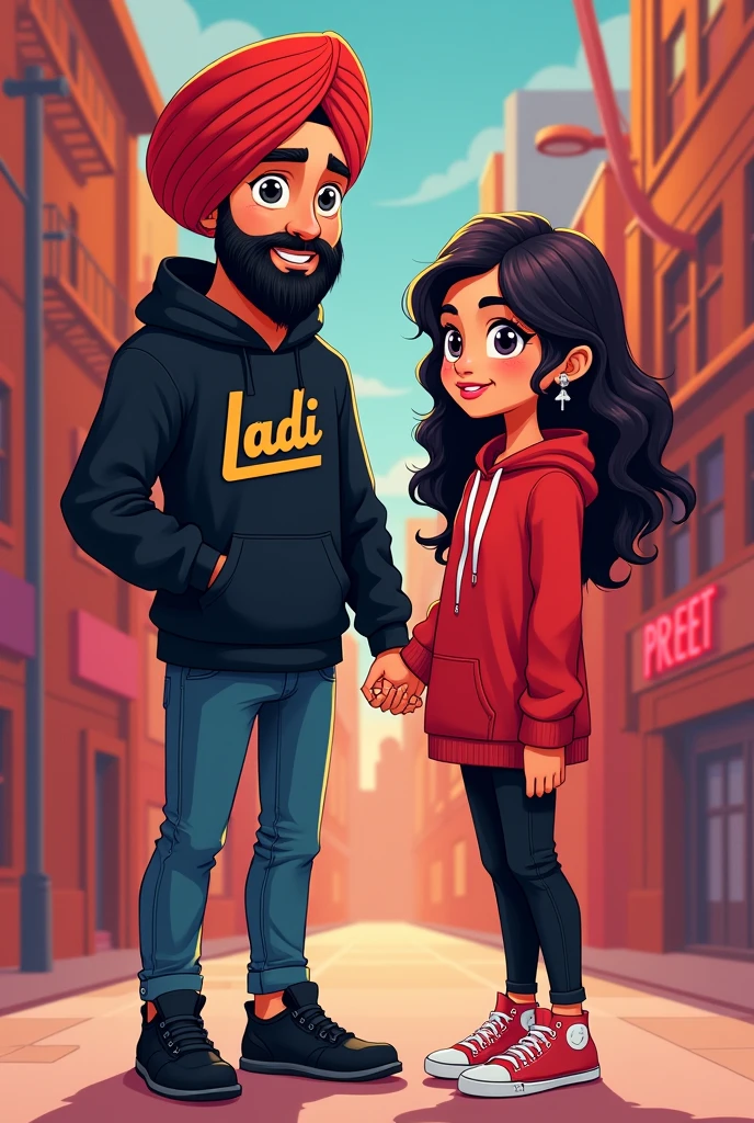 a20years punjabi boy sir pe lal coolar ki turban pero me jute black coolar ke or hoodie pehan ke rakhi ho or hoodie pe name likha ho ladi ,ek pass me punjabi girl khadi ho hath pakad kr  backgruand Aajuba  kbord pe name likha ho ,Ladi,, and or the name of two people is written in the back of the bod.in ladi and preet, me bethe ho dono girl and boy