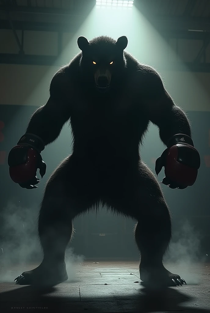 Dark silhouette in shadows of a humanoid bear training in mma gym in shadows with mma gloves throwing kicks