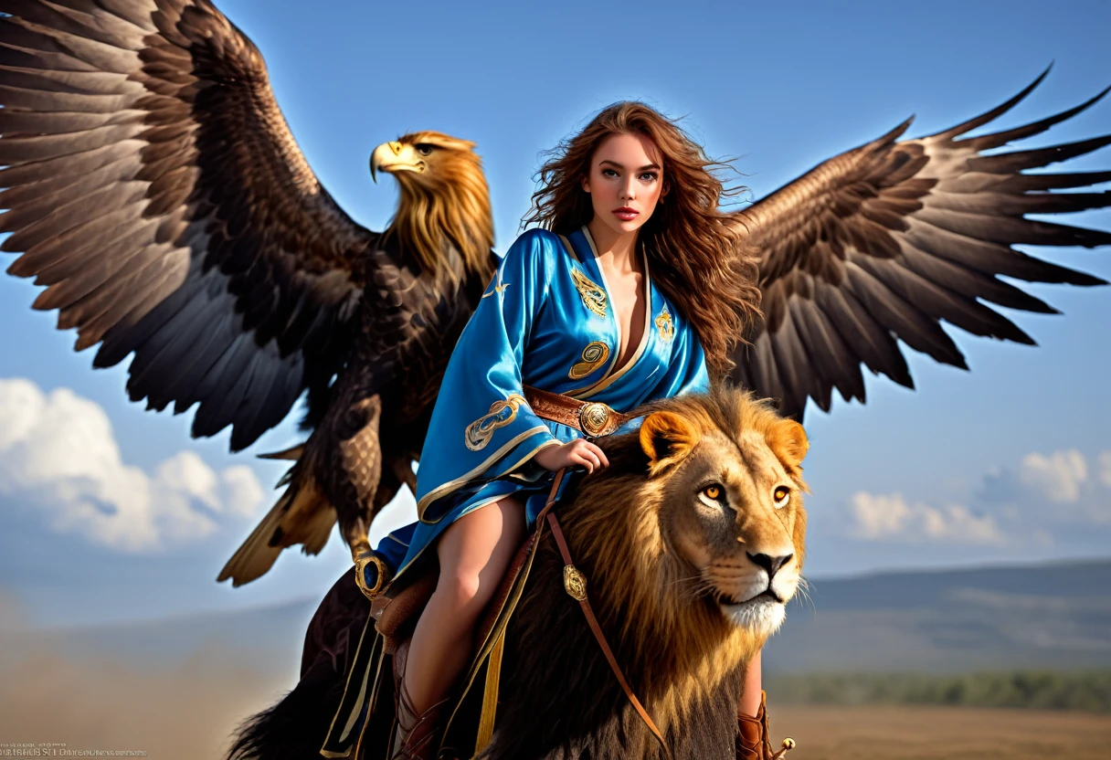 A cute female sorcerer, beautiful detailed eyes, beautiful detailed lips, extremely detailed eyes and face, longeyelashes,sexy airy silken robe with bright symbols, riding on the back of a fierce griffin (very large, forelegs of an eagle, head and mane of an eagle, eagle wings at shoulders, body of a lion), tossing lightning as the griffin flies low over the battlefield, best quality,4k,8k,highres,masterpiece:1.2,ultra-detailed,realistic,photorealistic,photo-realistic:1.37,HDR,UHD,studio lighting,ultra-fine painting,sharp focus,physically-based rendering,extreme detail description,professional,vivid colors,bokeh,fantasy,magic,atmospheric,dramatic lighting