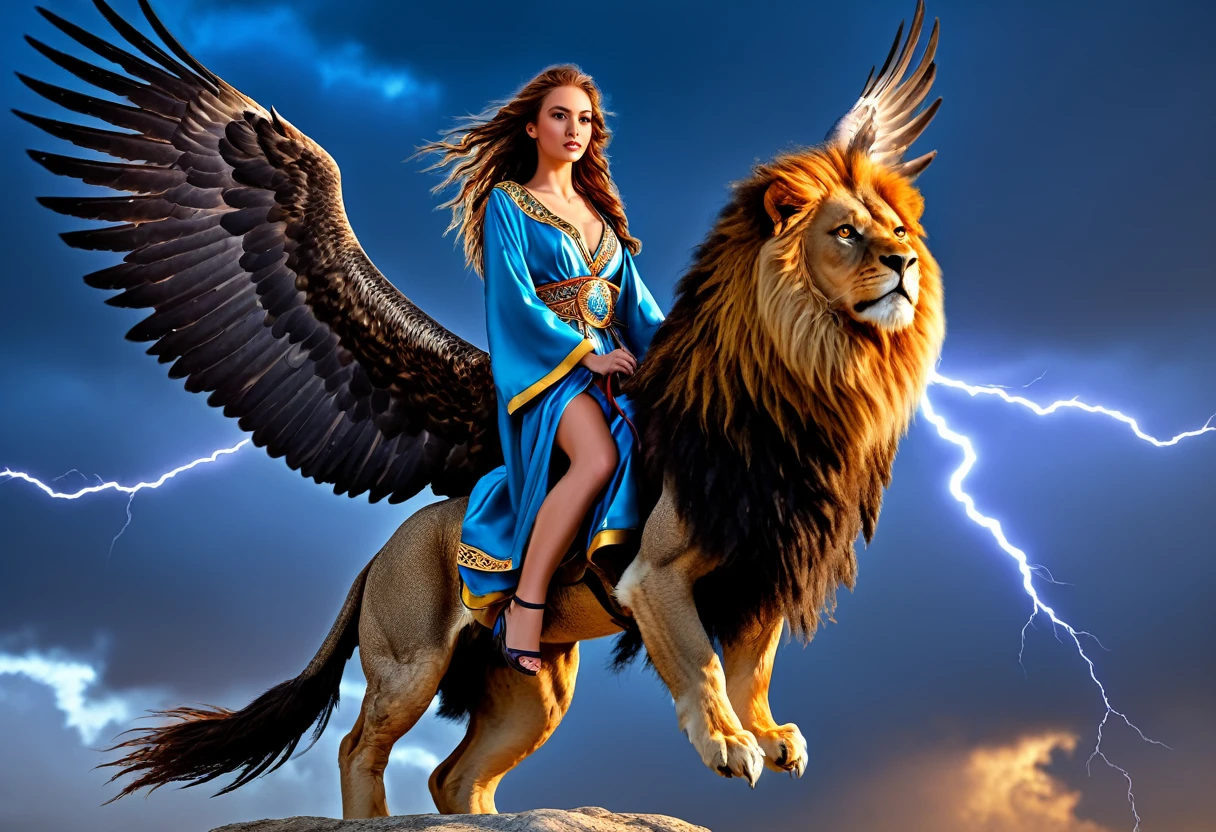 A cute female sorcerer, beautiful detailed eyes, beautiful detailed lips, extremely detailed eyes and face, longeyelashes,sexy airy silken robe with bright symbols, riding on the back of a fierce griffin (very large, forelegs of an eagle, head and mane of an eagle, eagle wings at shoulders, body of a lion), tossing lightning as the griffin flies low over the battlefield, best quality,4k,8k,highres,masterpiece:1.2,ultra-detailed,realistic,photorealistic,photo-realistic:1.37,HDR,UHD,studio lighting,ultra-fine painting,sharp focus,physically-based rendering,extreme detail description,professional,vivid colors,bokeh,fantasy,magic,atmospheric,dramatic lighting