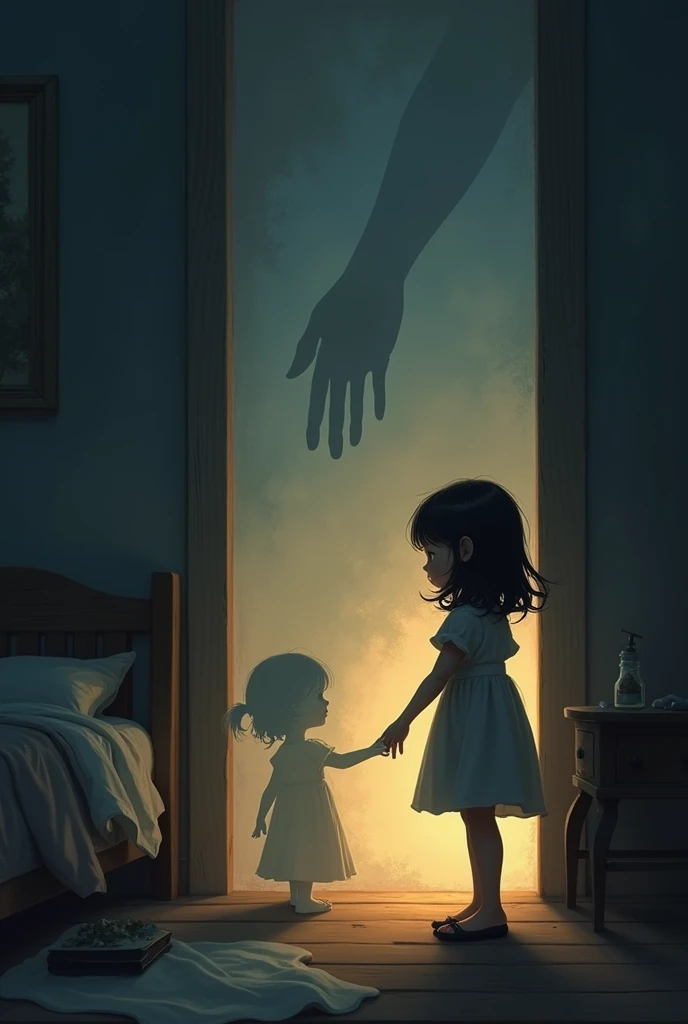 girl holding the hand of a child's shadow at night in a room