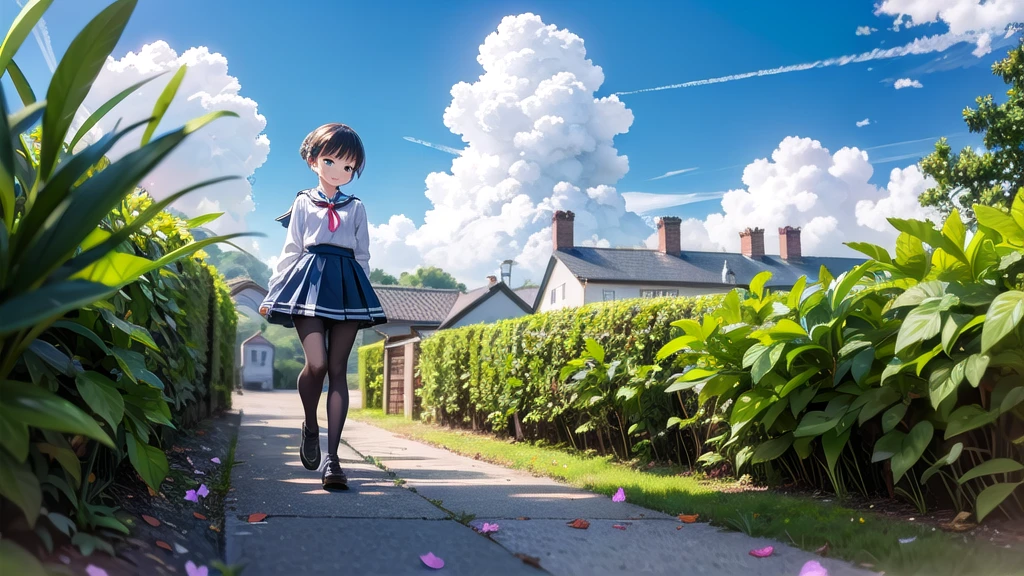 (masterpiece),  town,  blue sky,  One Girl,  smile,  alone,  Sailor suit、Long skirt,  Overgrown,  petal,  plant、Skirt lining、Translucent slip、nostalgic、Black Pantyhose