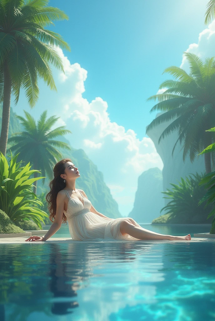 I want a beautiful woman lying by the pool looking at the sky