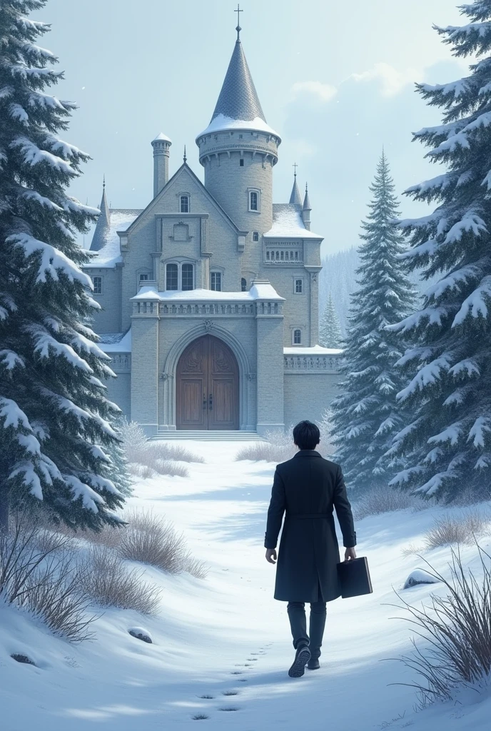 Generates a mountainous landscape, that it is snowing that there are snow-covered pines, Within the landscape place a castle in the background, The castle must be a Victorian style , with a large wooden door, the castle must be covered by snow, generates a path leading to the castle, generates a gentleman in a black coat, the man has black hair, In his right hand he should have a black notebook and he is walking towards the castle, the image must be realistic, It must be snowing