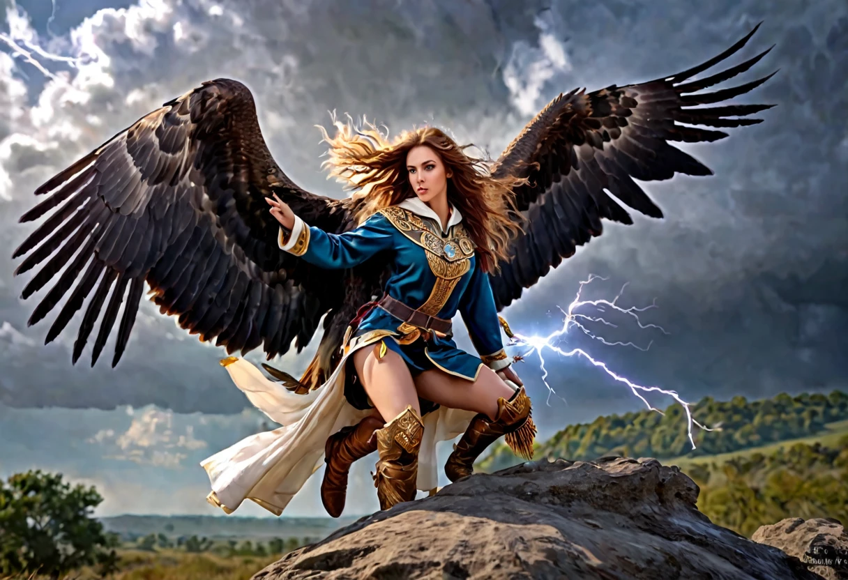 A cute female sorcerer, beautiful detailed eyes, beautiful detailed lips, extremely detailed eyes and face, longeyelashes,sexy airy silken robe with bright symbols, riding on the back of a fierce griffin (very large, forelegs of an eagle, head and mane of an eagle, eagle wings at shoulders, body of a lion), tossing lightning as the griffin flies low over the battlefield, best quality,4k,8k,highres,masterpiece:1.2,ultra-detailed,realistic,photorealistic,photo-realistic:1.37,HDR,UHD,studio lighting,ultra-fine painting,sharp focus,physically-based rendering,extreme detail description,professional,vivid colors,bokeh,fantasy,magic,atmospheric,dramatic lighting