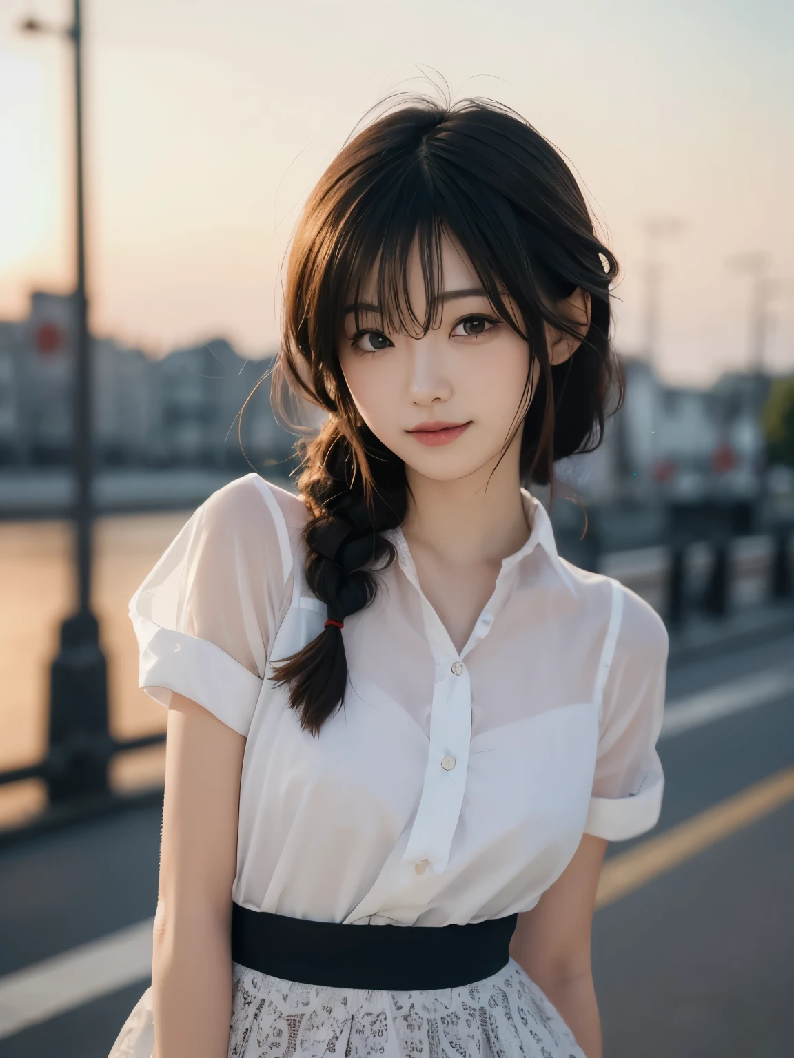 (8k, RAW Photos, Highest quality, High resolution:1.1), (Best image quality:1.35), High resolution, Realistic photos, (One Woman:1.33), Beautiful expression, (Detailed eyes:1.4), (Iris:1.4), (Detailed face:1.35), (Shiny Hair:1.4),
BREAK the Beauty of Japan, cute girl, Pretty girl, Japanese girl,
BREAK (see-through silhouette:1.3),
BREAK white collared shirt, short sleeve, tiered skirt, Transparent nipples,
BREAK walking, (face close up:1), Petite, Lean Body, full Breasts, smile,
BREAK 1girl, solold, shigure, (hairs between eyes:1.5), ahoge, single braid, hair ornament, hair flaps, hand ribbon,
BREAK in the street,