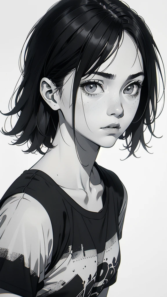 1 boyish girl, solo, sharp eyes, expressionless, monochrome, greyscale, short black hair, portrait, white T-shirt, closed mouth, looking at viewer, graphite \(medium\), detailed lips, hatching \(texture\), without makeup, bangs, upper body, (best illustration), (best quality), (very detailed), (masterpiece), expressionless,