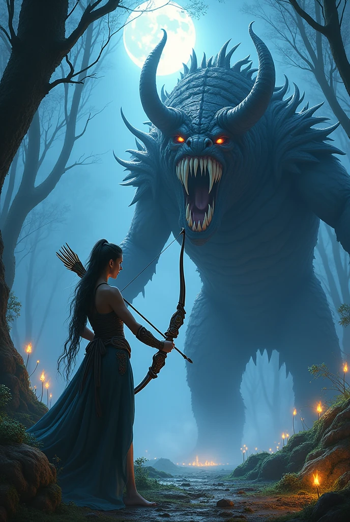 Elven Archer vs. Nightmarish Behemoth: An elegant elven archer, with a bow made of enchanted wood, aims at a colossal, grotesque behemoth with multiple heads and scaly hide. The battle takes place in a mystical, moonlit forest with glowing flora.