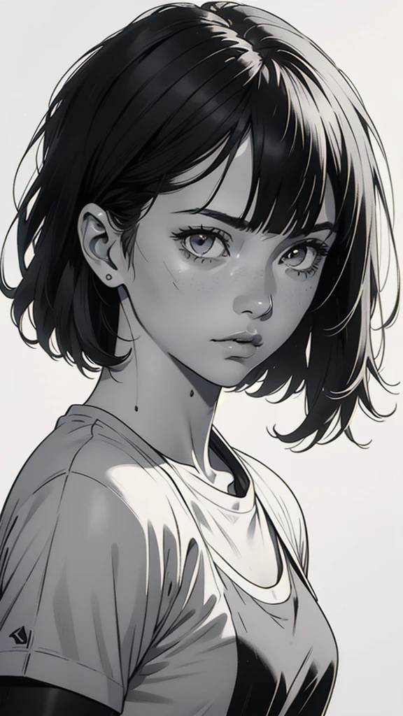 1 boyish girl, solo, sharp eyes, expressionless, monochrome, greyscale, short black hair, portrait, white T-shirt, closed mouth, looking at viewer, graphite \(medium\), detailed lips, hatching \(texture\), without makeup, bangs, upper body, (best illustration), (best quality), (very detailed), (masterpiece), expressionless,