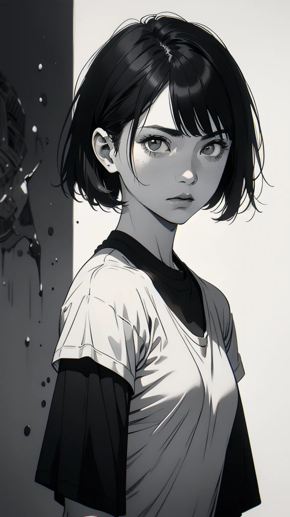 1 boyish girl, solo, sharp eyes, expressionless, monochrome, greyscale, short black hair, portrait, white T-shirt, closed mouth, looking at viewer, graphite \(medium\), detailed lips, hatching \(texture\), without makeup, bangs, upper body, (best illustration), (best quality), (very detailed), (masterpiece), expressionless,