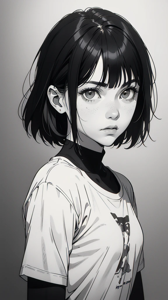 1 boyish girl, solo, sharp eyes, expressionless, monochrome, greyscale, short black hair, portrait, white T-shirt, closed mouth, looking at viewer, graphite \(medium\), detailed lips, hatching \(texture\), without makeup, bangs, upper body, (best illustration), (best quality), (very detailed), (masterpiece), expressionless,