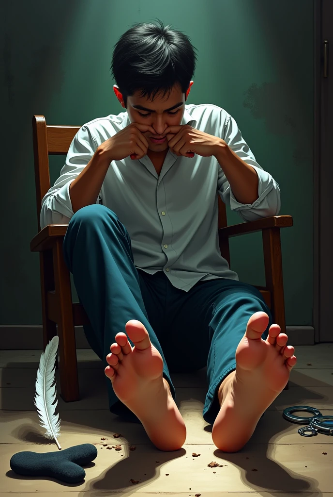 Handsome malay Zarul 20years lawyer
1 man Rub his feet
He fainted
Focus 5toefeet
Shoeless
Hand Handcuff wooden chair
blindfolded
feather on floor
Pair of Blacksock and shoes on floor
2 mafia pinch their nose
