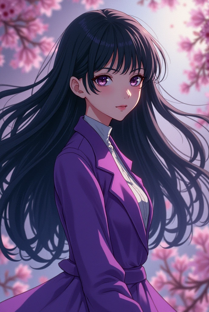 anime character of a woman with long black hair and a purple jacket, Hinata Hyuga, Hinata Hyuga de naruto, Fubuki, Kimi Takemura, Another Iwakura, Yui Kotegawa, inspired by Maki Haku, Inspired by Kusumi Morikage, Inspired by Kamisaka Sekka, itsuko azuma nude