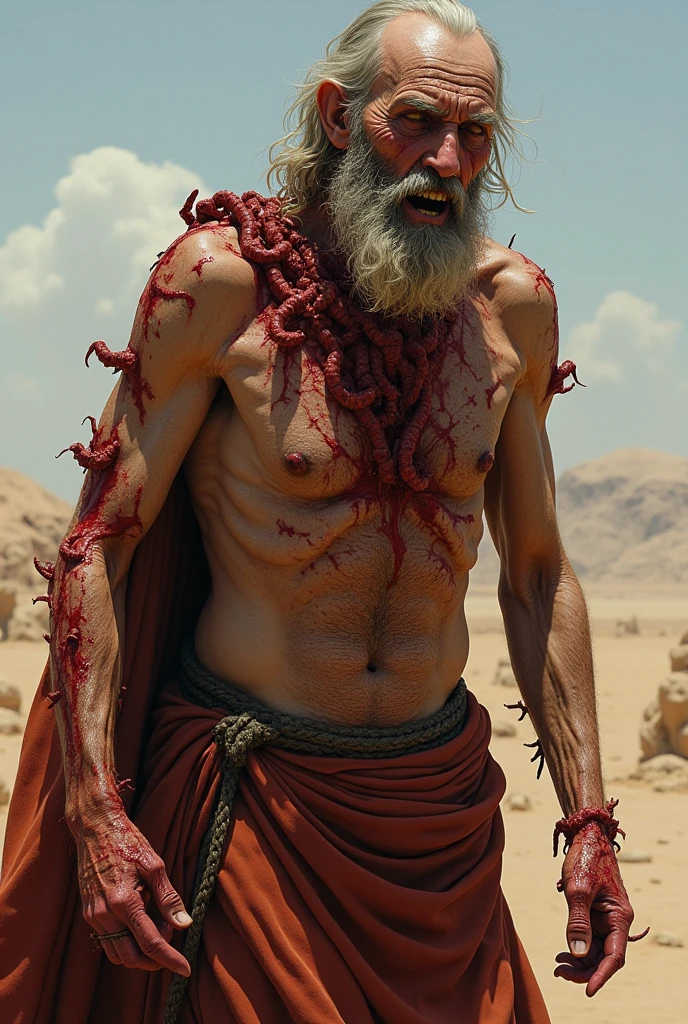 Bible Character Job, very old, My body is covered in worms and scabs, I notice my skin cracking and oozing pus.