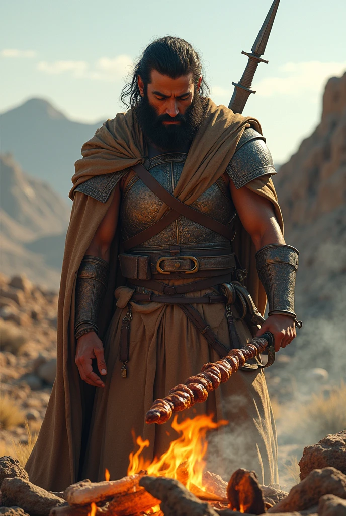 (photorealism:1.2), pitiful looking persian warrior, using a sword as a skewer to cook barbecue on an open fire.