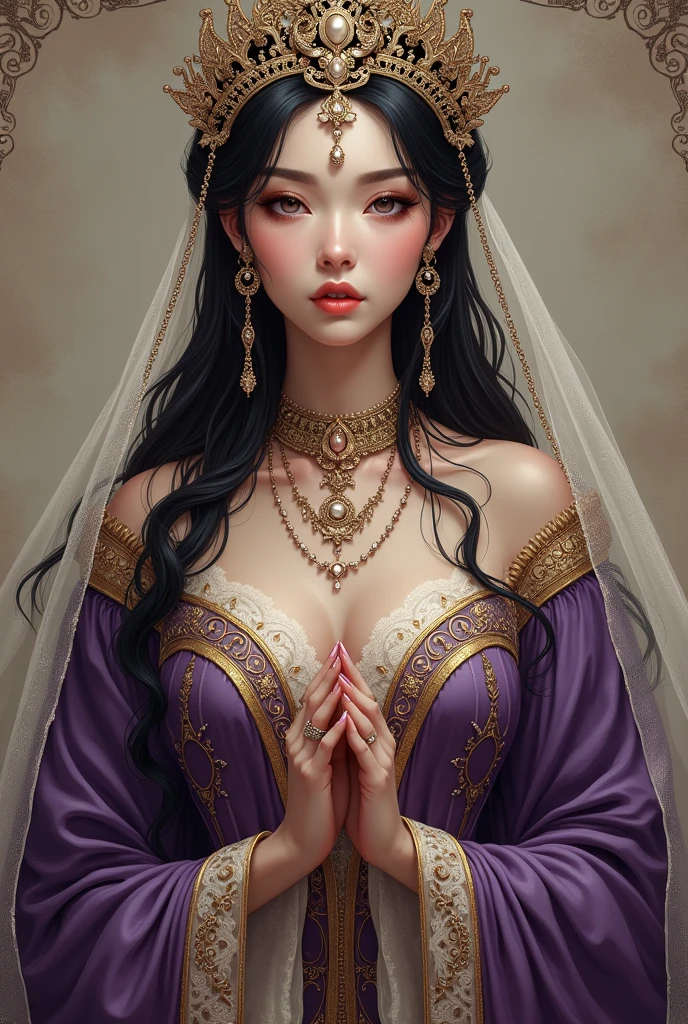 Create a detailed fantasy illustration featuring an elegant figure inspired by ancient royalty. She wears an ornate, jeweled headpiece that cascades down over her forehead, with delicate chains draping gracefully around her face and neck. Her long, dark hair is styled neatly under a translucent veil, adding an air of mystique. The figure is adorned in a lavish, intricate costume with layers of rich purple and gold fabric, embroidered with lace and precious stones. Her hands, also adorned with in