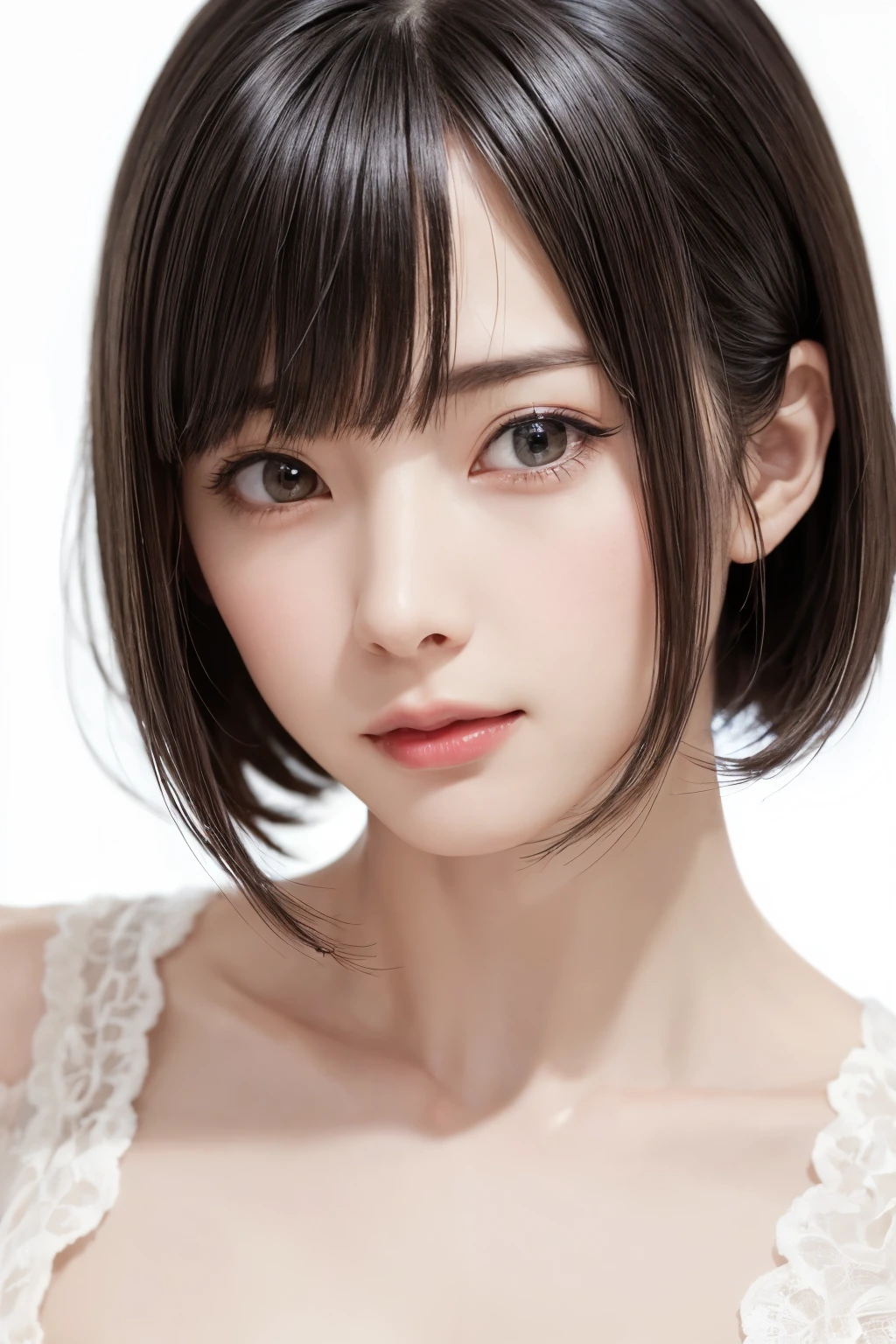 ((masterpiece, Highest quality, High resolution、Realisticですべてが美しく詳細に描かれている)), 1 person, (Realistic: 1.4), alone, White Background, snow-White Background, Mouth closed, smile, smile, Beautiful black hair, short hair, Big eyes, Transparent double eyelids, eyelash, Listen carefully, Long neck, 美しくLong neck, Absolute area, ((Face close-up)), (Draw the whole head, shoulder), 1, Attractive proportions, Glowing Skin, Beautiful clavicle, Golden ratio face, Perfect Face, Teardrop-shaped mole, chestのほくろ, bangs, clean bangs, beautiful bangs, Lip gloss, Thin lips, Fair skin, naked, Big Breasts, {Huge|big|Hugeな|Mega} chest:2, chestの谷間:2,chestの谷間を見せる、Small face, Small face, All the heads are painted, shoulder all drawn, Point slightly above the camera