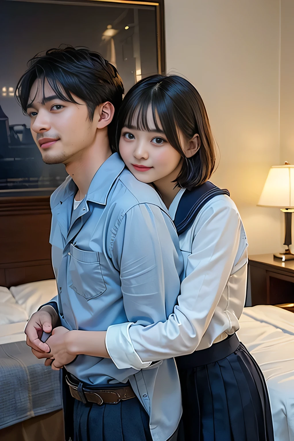 (8k,RAW Photos、RAW Photos、Highest quality、masterpiece:1.2)、Very detailed、Super Resolution、(Realistic:1.3)、((Cowboy shot taken from the front:1.4))、Sharp depiction of light and shadow、High resolution raw color photos、Professional photos、((Hotel Bedroom:1.4))、((A man hugs a woman from behind:1.4))、Drawing faithful to anatomy、Very detailed and beautiful、super high quality、((Short Hair Girl:1.4))、beautiful girl、((Sailor suit schoolgirl:1.4))、((A high school girl is wearing a navy blue pleated skirt。:1.4))、Upper Body、((Men with short black hair:1.5))、((white dress shirt for men:1.4))、((Smiling woman:1.4))、((The two embrace, Deep Kiss, And then we said goodbye.:1.4))