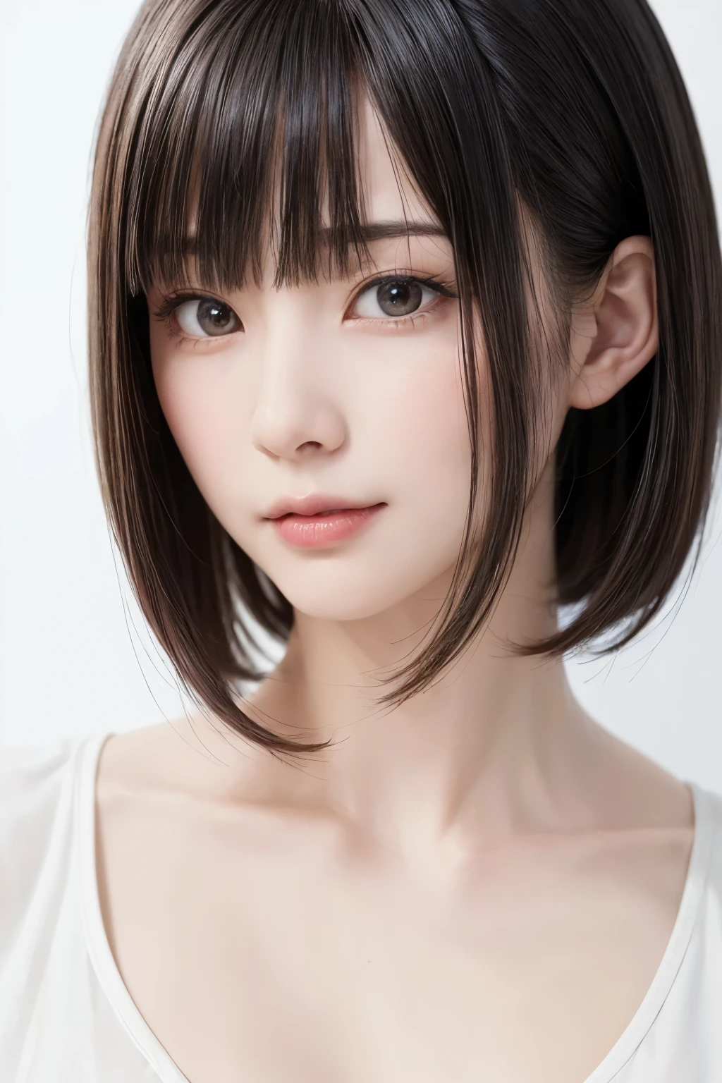 ((masterpiece, Highest quality, High resolution、Realisticですべてが美しく詳細に描かれている)), 1 person, (Realistic: 1.4), alone, White Background, snow-White Background, Mouth closed, smile, smile, Beautiful black hair, short hair, Big eyes, Transparent double eyelids, eyelash, Listen carefully, Long neck, 美しくLong neck, Absolute area, ((Face close-up)), (Draw the whole head, shoulder), 1, Attractive proportions, Glowing Skin, Beautiful clavicle, Golden ratio face, Perfect Face, Teardrop-shaped mole, chestのほくろ, bangs, clean bangs, beautiful bangs, Lip gloss, Thin lips, Fair skin, naked, Big Breasts, {Huge|big|Hugeな|Mega} chest:2, chestの谷間:2,chestの谷間を見せる、Small face, Small face, All the heads are painted, shoulder all drawn, Point slightly above the camera