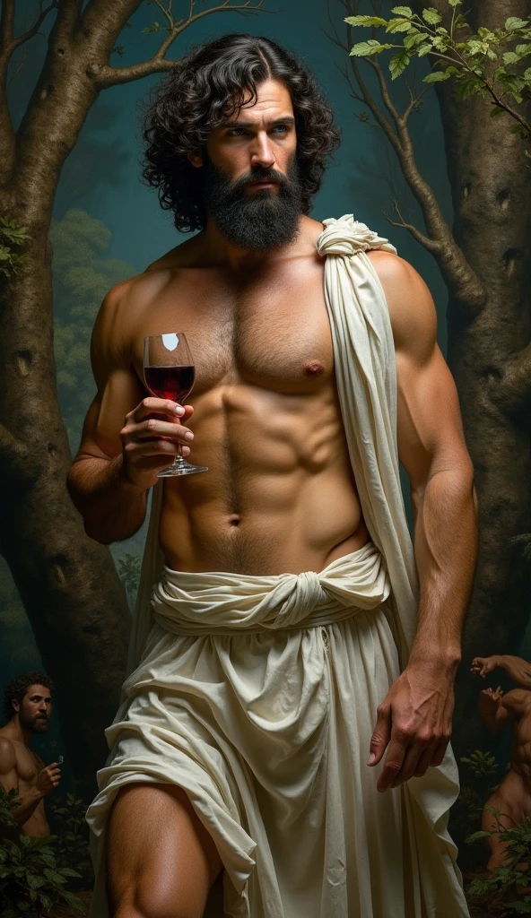 ((Man of supreme beauty, strong body)), ((beautiful blue eyes, long black curly hair)), ((wearing a tiny Greek toga, strong, sexy and sensual body)), ((with a glass of wine in hands)), ((man with beard)), God of orgy, God of sex, lascivious, ((Celtic mystical forest with satyrs and nymphs in the background), God of the Moon, A stunning portrait of a god, Frank Kelly Freas , style by Karol Bak, ((pretty face)), ((inspired by Caravaggio's paintings))