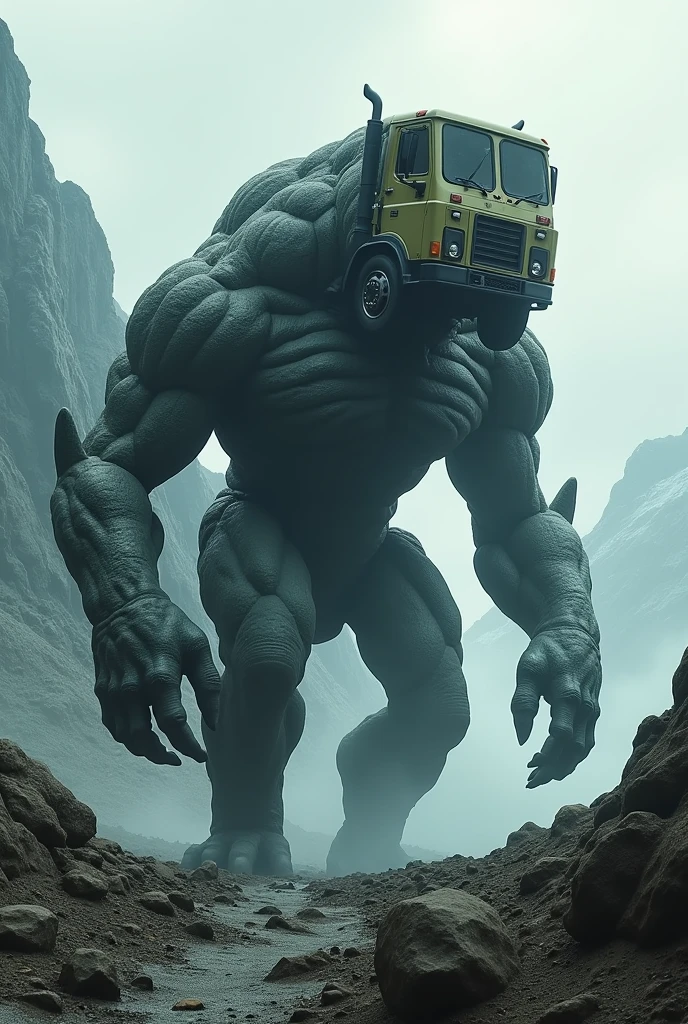 Generates an image of a monster with a truck head that has no eyes and has a monster body and is on a mountain and walks on 4 legs