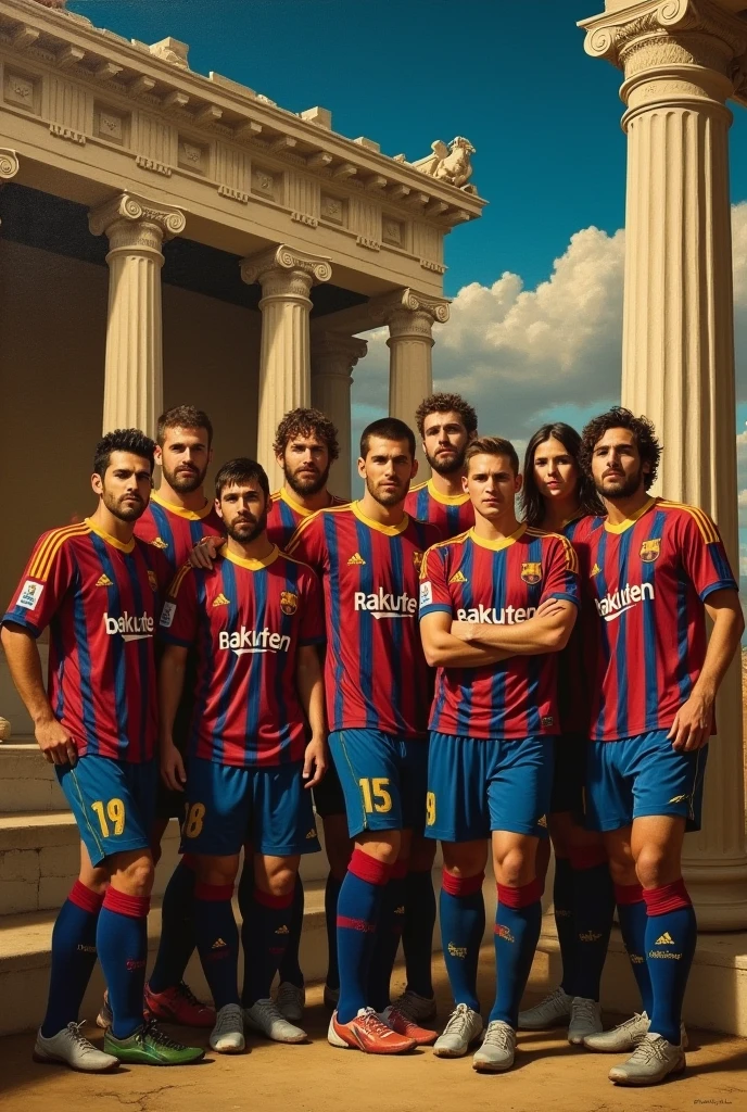 Please create a Renaissance style picture of Barcelona’s 2008/09 treble (UEFA Champions League, Lq Liga and Copa del Rey) with ancient Greek setting. Use techniques such as chiaroscuro and warm color palette.