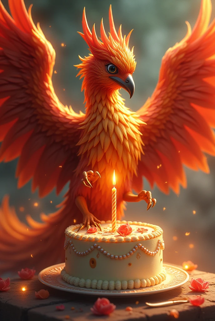 A phoenix putting a birthday candle on its cake 