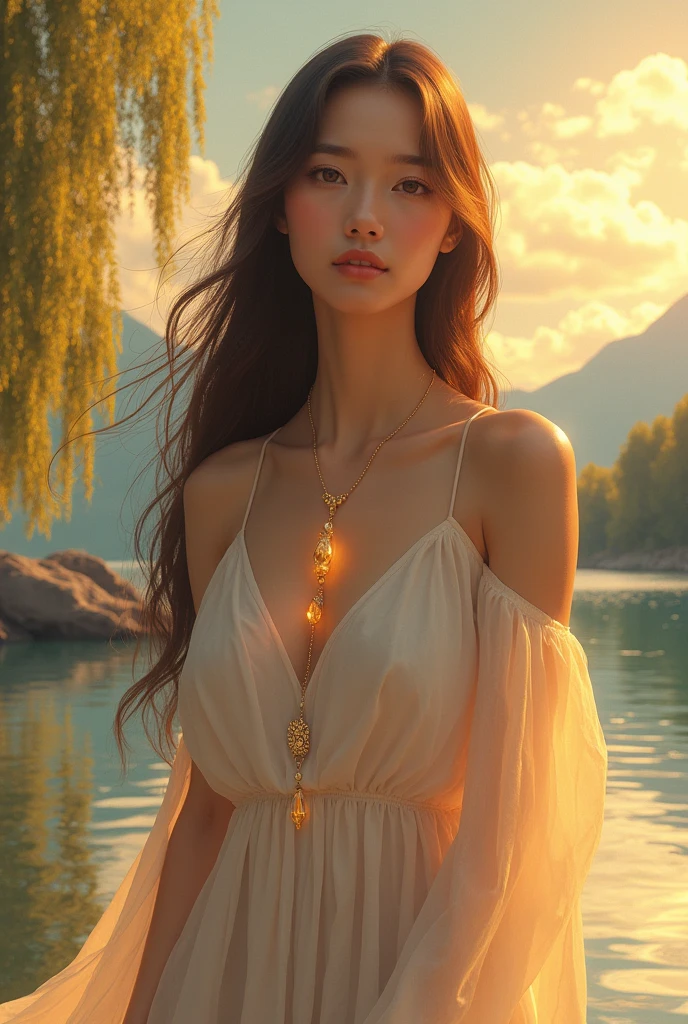 1 woman, calm expression, charming eyes, long straight hair, Flowing dress, Balancing posture, porcelain skin, delicate blush, BREAK GOLDEN HOUR CRYSTAL PENDANT, (By the light):1.2, Warm colors, sunlight, soft shadow, bright colors, painter effect, Dreamy atmosphere BREAK beautiful lake, Distant Mountains, willow tree, Still water, reflection, sunshine clouds, The atmosphere is quiet., Spectacular sunsets, very detailed, official art, Harmony wallpaper 8K , tangled, Mandala