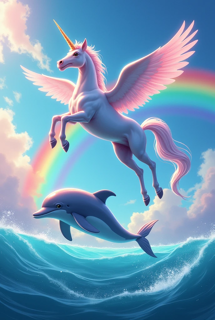 unicorn with wings flying in the sky, under the unicorn there is a dolphin swimming, in the background there is a rainbow, the image must be colorfull